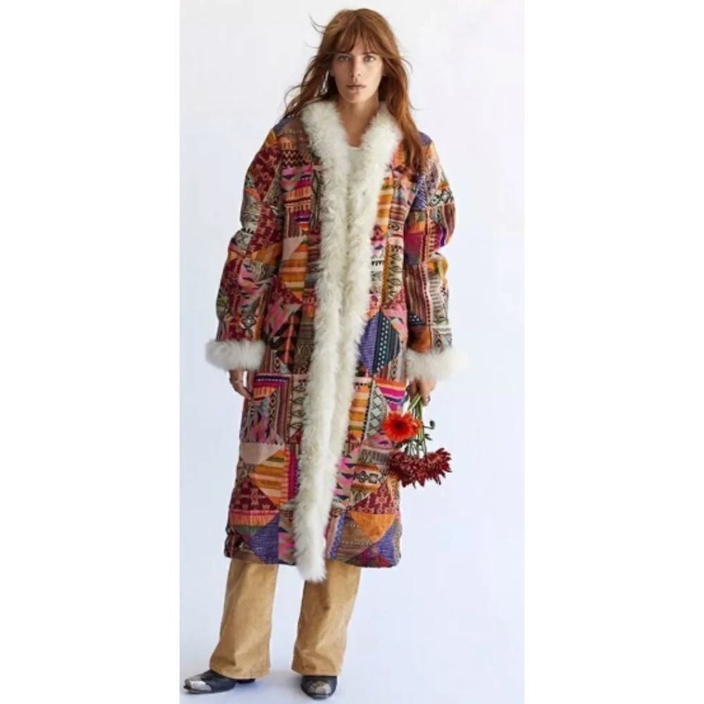 Free People Caravan Patchwork Shearling Trim Coat Sz Small NWT